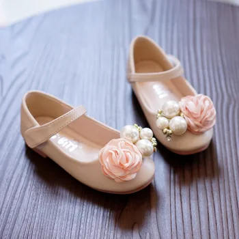 

HOT SALE Childrens Shoes Big Pearl Flower Princess Shoes Pink Girls Shoes Elegent Beige Kids Leather Shoes Sweet Dancing Flats