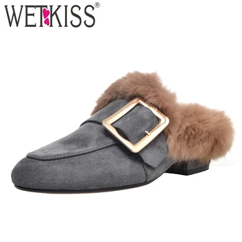 

WETKISS Fashion Casual Women Slippers Square Toe Footwear Slides Fur Shoes Woman Kid Suede Female Mules Shoes Woman 2019 New