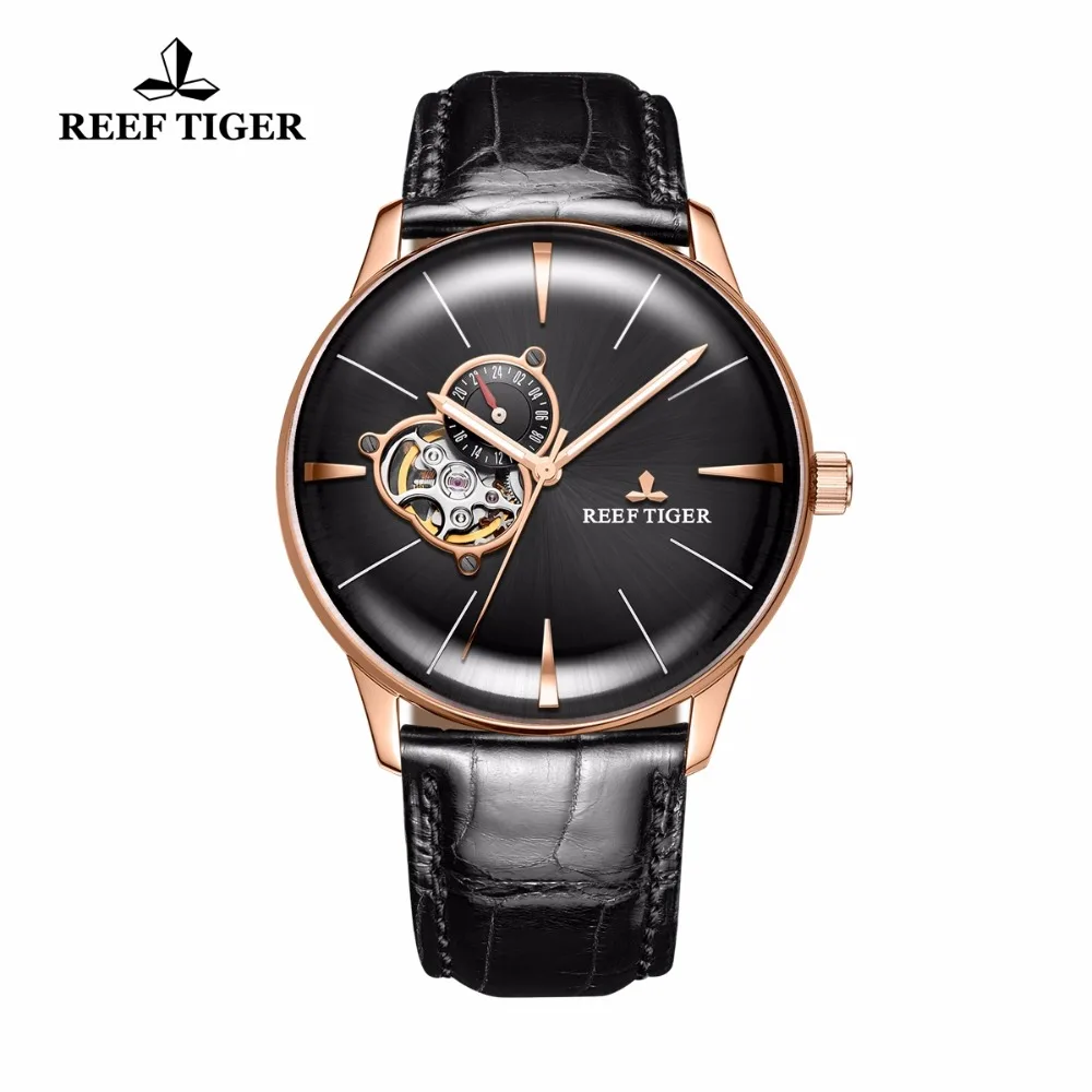 

2019 Reef Tiger Mens Dress Watch Top Brand Luxury Automatic Watch Genuine Leather Rose Gold Analog Watches Relogio Masculino+Box