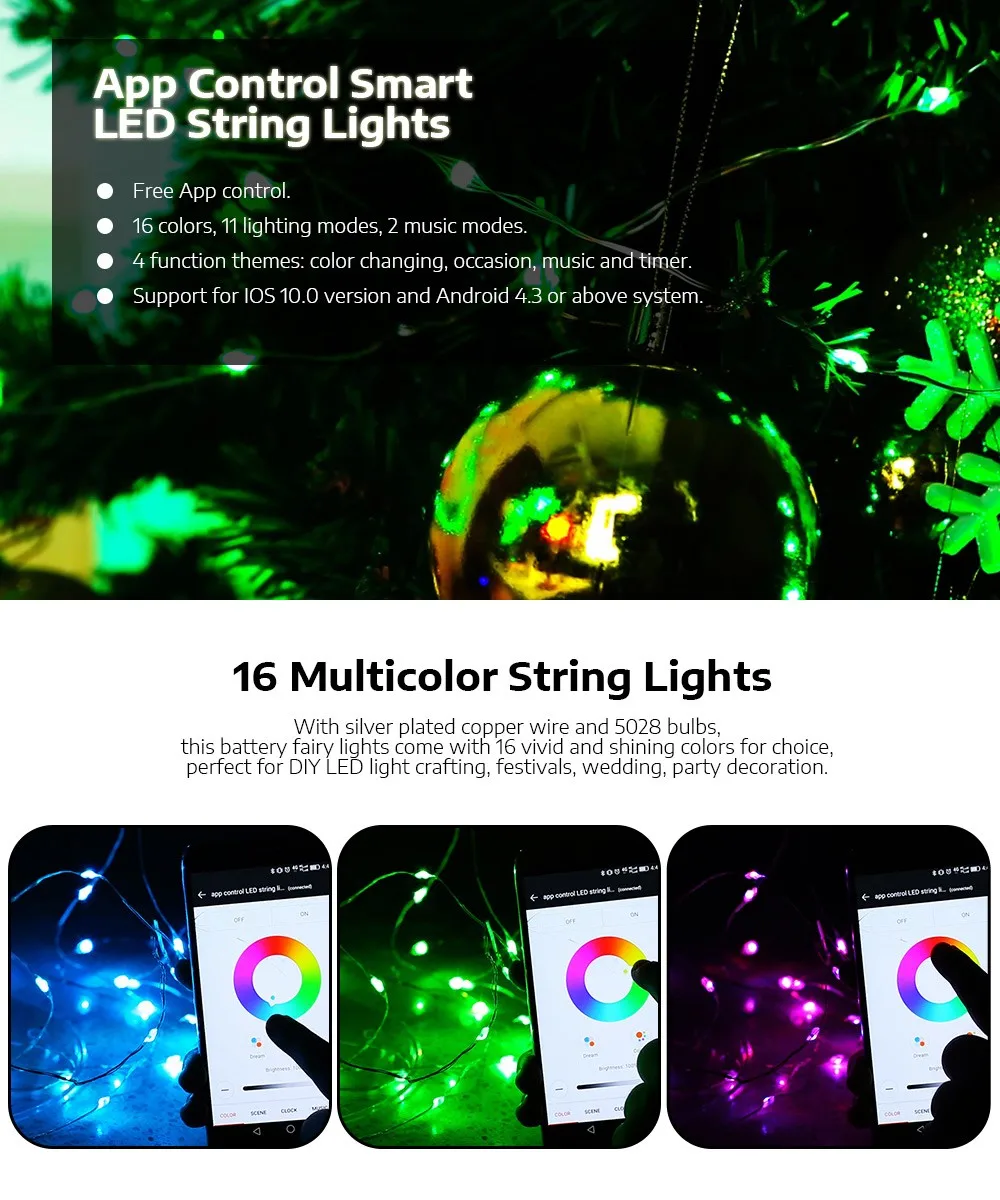 М 5 м/10 м USB RGB 50/100 светодиодов приложение управление Фея медь свет шнура для вечеринок праздников открытый и закрытый украшения