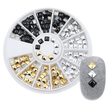 1 коробка Квадратные Заклепки Шипы для ногтей с плоским дном золотого, серебряного, черного цвета, украшение в колесе 3 мм, маникюр, 3D украшение для ногтей