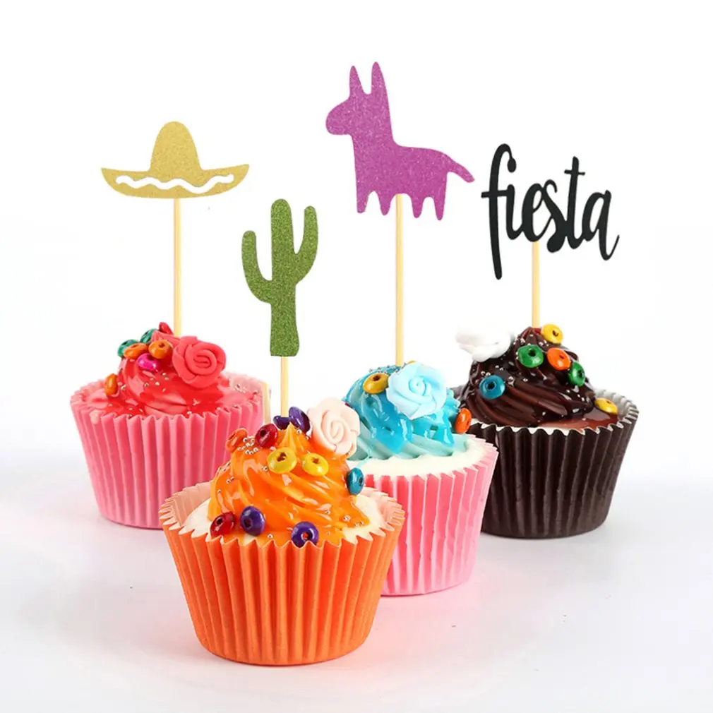 24/Pack of Mexican Carnival Theme Party Decorating Cake Insert Cactus Alpaca Fiesta Hat