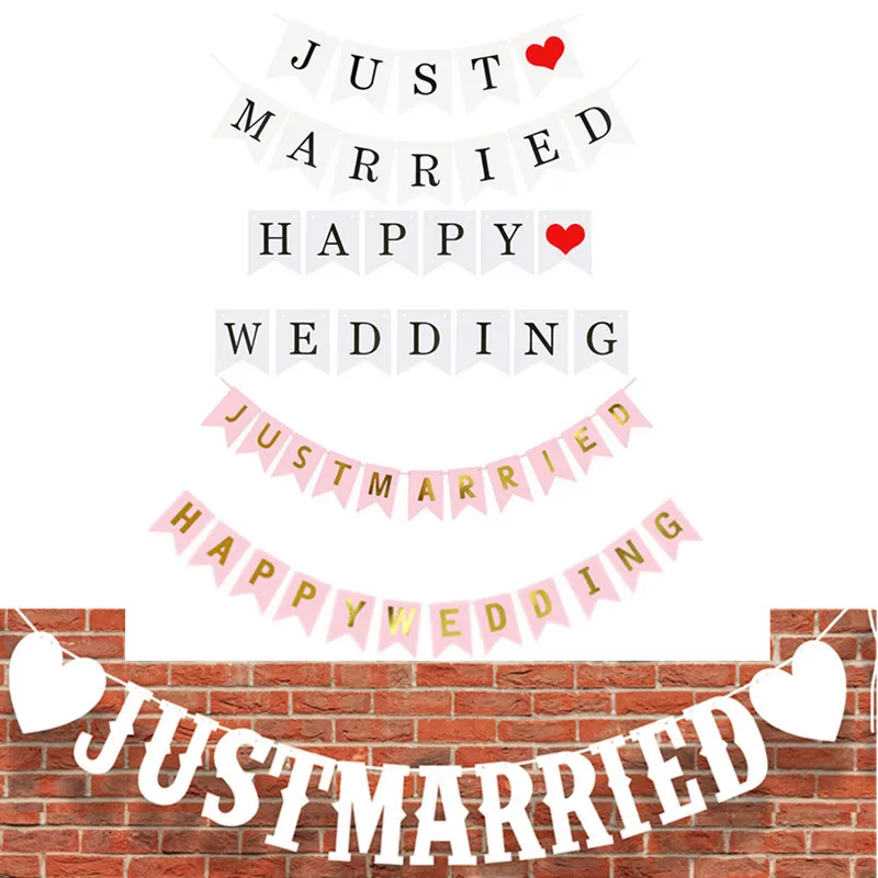 

1Set Just Married Banner Heart Love White Pink Wedding & Engagement Party Decoration Candy bar Banner Bachelor Party Decoration