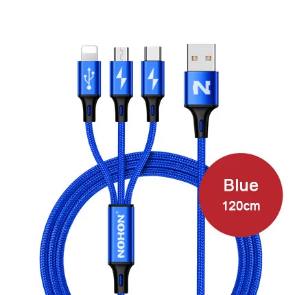 NOHON 3 в 1 8Pin type C Micro нейлоновый USB кабель для iPhone 8X7 6 6S Plus iOS 10 9 8 samsung Nokia USB кабели для быстрой зарядки шнур - Цвет: 3-IN-1 Blue