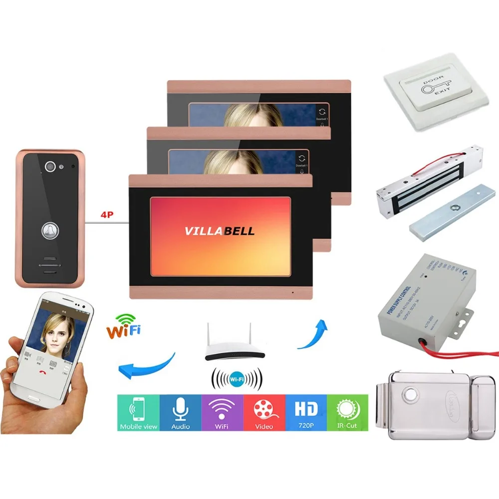 

Home set 7inch 3 Monitors Wired Wifi Video Door Phone Doorbell Intercom Entry System Wired Camera Night Vision+Electric Lock