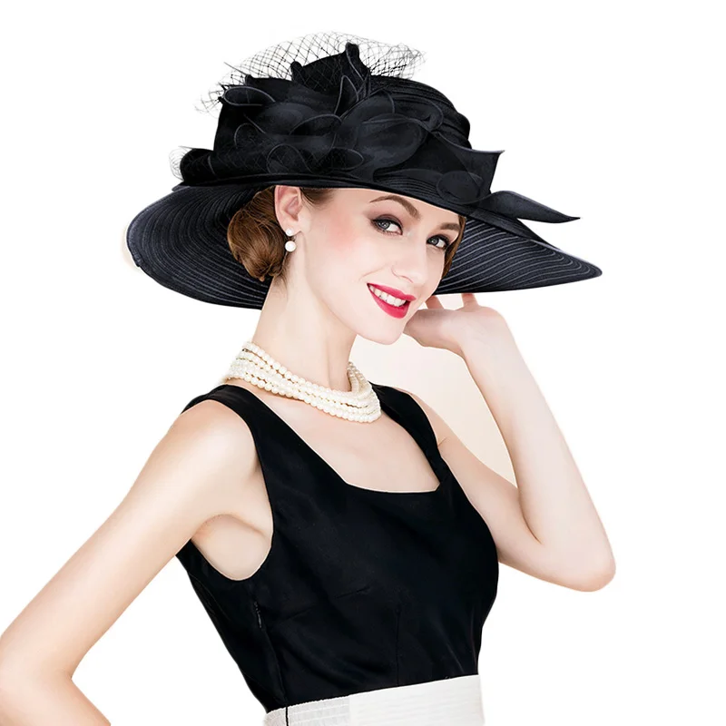 FS черно-белые элегантные женские церковные шляпы для дам, летние цветочные шляпы с большими полями из органзы, пляжная шляпа от солнца в Кентукки, Шляпа Дерби, фетровая шляпа - Цвет: Черный