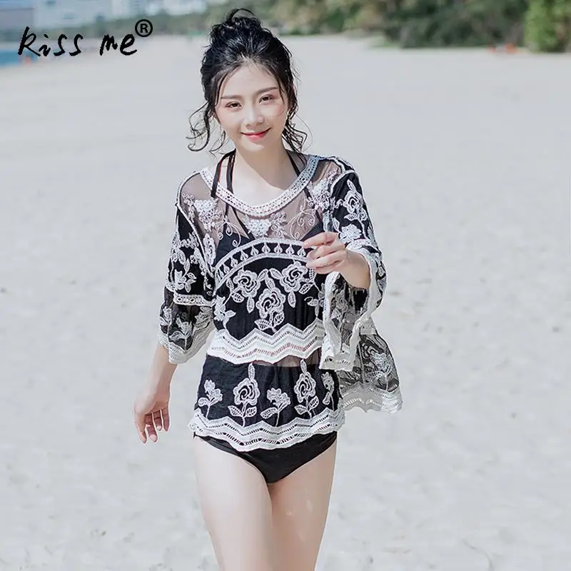 

Lace Patchwork Female Top Black Beach Cover Up Women's Tunic Transparent Sexy Beachwear Cover-Ups Summer Loose Tops for Women