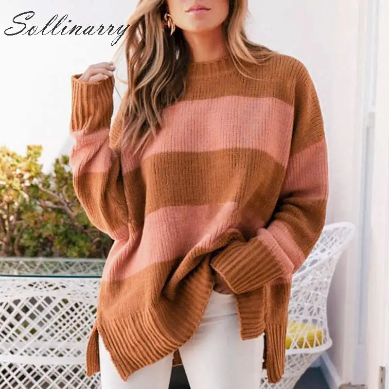 

Sollinarry Stripe Chic Sweater Pullovers Women Long Sleeve Knitted Autumn Winter Loose Sweater Female Knitwear Casual Top Jumper