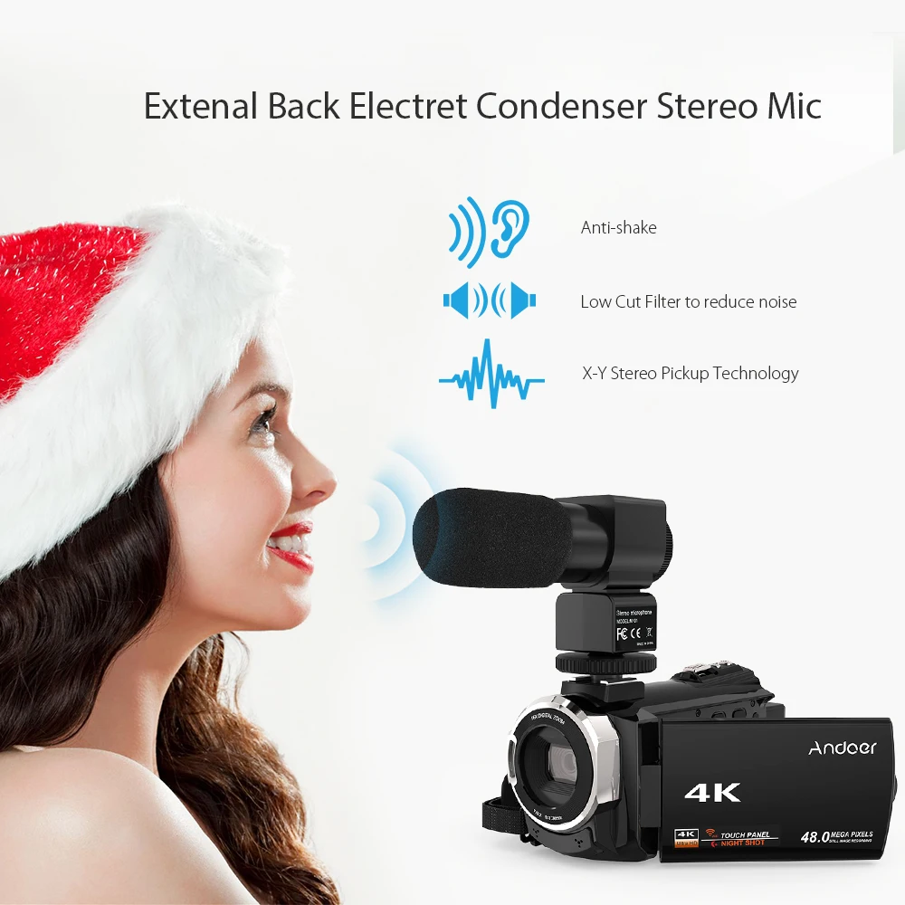 Andoer 4K 1080P 48MP WiFi цифровая видеокамера регистратор с внешним микрофоном ИК