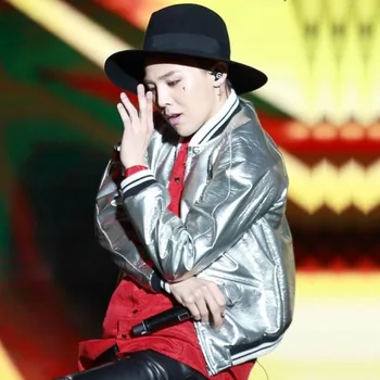 

2018 New Arrived Fashion Bigbang GD Same Style Streetwear Faux Leather Stand Collar Sequin Silver Color Zipper Bomber Jacket Men