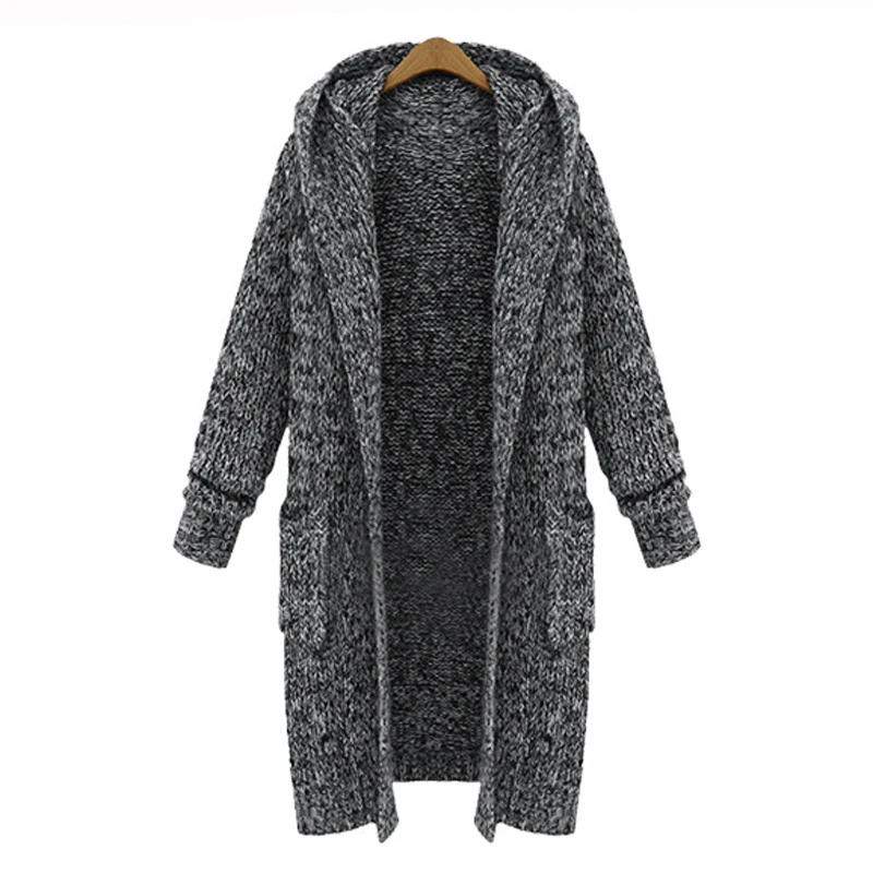Women New Long Hooded Cardigan Famale Autumn Winter Grey Thicken Long