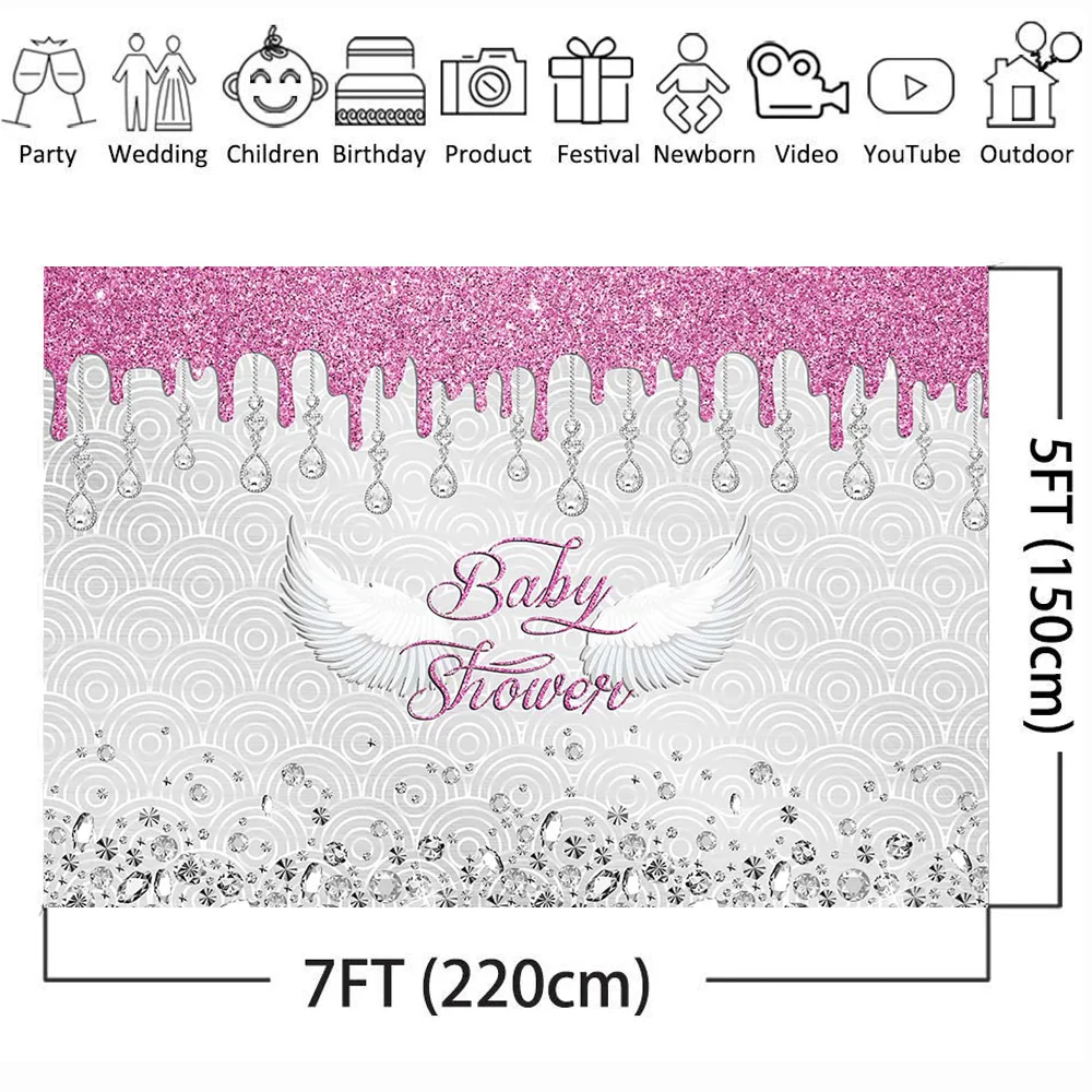 Neoback Baby Shower Photo Backdrop for Photography Newborn Angel Wing White Red Shiny Background Diamond Repeat Pattern