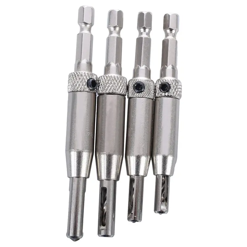 SHGO HOT 4x Self Centering Hinge Drill Bits Set Door Pilot Holes HSS Hex Recessin Drill