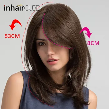 Inhair Cube Women Hair Wigs Ladies Party Daily Natural Wave Dark Brown Side Parting Synthetic Lace Wigs with Bangs Free Shipping 3