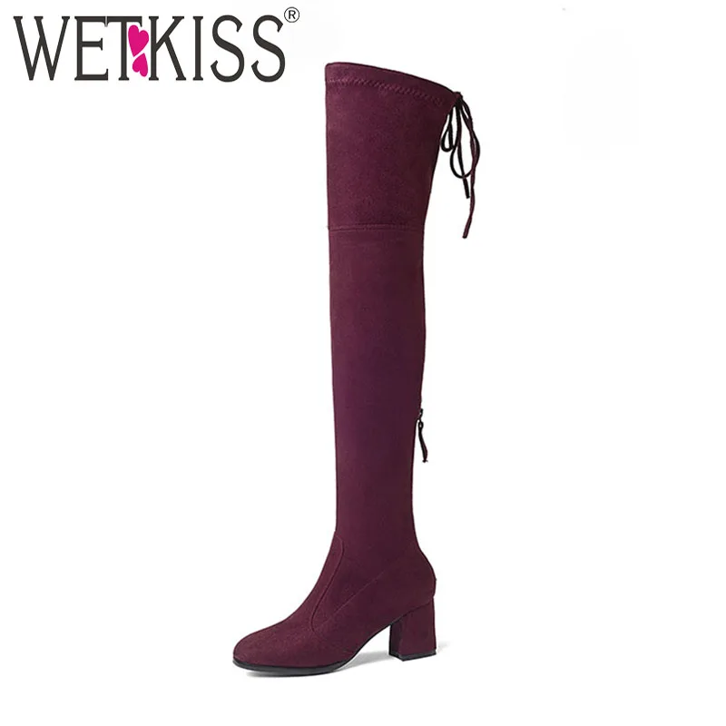 

WETKISS Newest Model Lady Over the Knee Boot Zipper Stretch Fabric Long Boot Thick High Heel Woman Shoes Winter Big Size 43