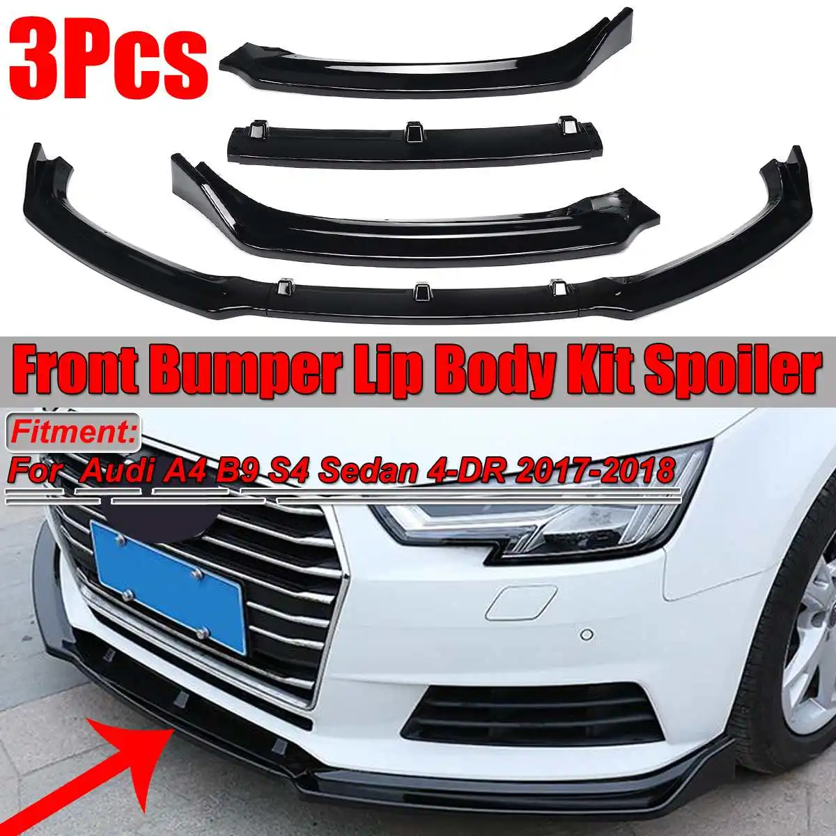 Bright Black / Carbon Fiber Look 3pcs Car Front Bumper Lip Body Kit Spoiler Splitter Diffuser For Audi A4 B9 S4 Sedan