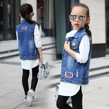 

Baby Girls Waistcoat UK Flag Denim Vest Coats 2020 Spring Outerwear Cool Fashion Kids Clothing Cotton Fem Ete Menina Age 4-13 Y