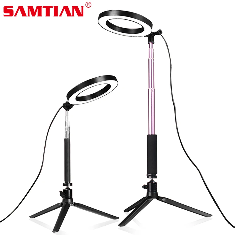 

SAMTIAN 8 inch LED Ring Selfie Light for Youtube Video Live 3500-5500k Photo Studio Light With Phone Holder USB Plug Tripod