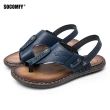 SOCOMFY New Fashion Men Beach Sandals High Quality Leather Beach Flip Flop Summer Breathable Casual Shoes Anti-slip Slippers