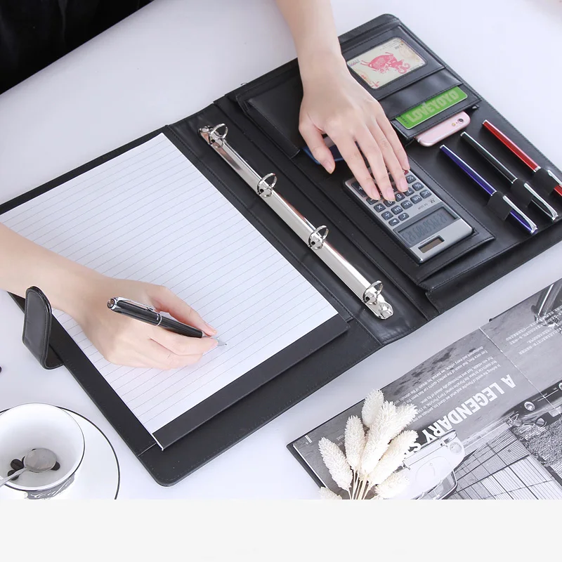 Business file folder organizer mulfifunction design A4 leather folder 4 ring binder notebook