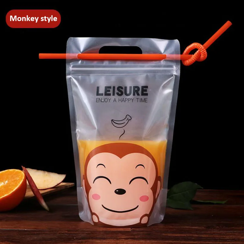 100 шт красочная милая мультяшная пластиковая сумка для напитков DIY контейнер для напитков сумка для питьевой воды мешок для хранения сока с ручкой - Цвет: Monkey Style