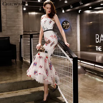 

CEEWHY Short Evening Dress Vintage Evening Gown Floral Print Prom Dress Lace Evening Dresses Long Mermaid Dress Vestidos Largos