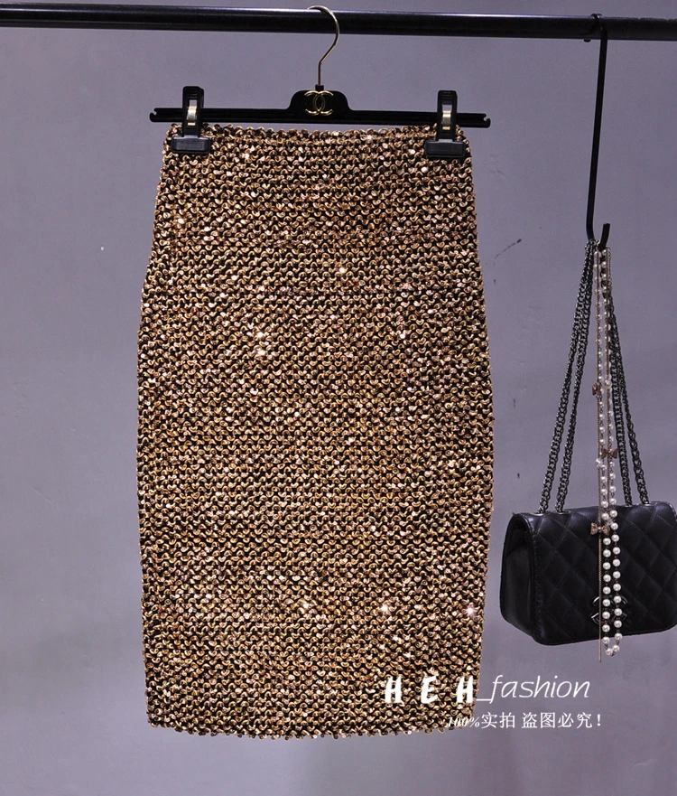 Cakucool, новинка, шикарная юбка с золотым люрексом, облегающая юбка-карандаш, высокая эластичная юбка средней длины в Корейском стиле, сексуальная клубная юбка с блестками цвета хаки и серебра