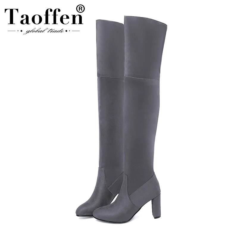 

Taoffen New Women Over The Knee Boots Slip On Flock Square Heels Shoes Winter Warm Thigh High Boots Women Shoes Size 34-48
