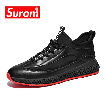 

SUROM Black Leather Sneakers Men Shoes Casual Breathable Flats Sneakers Male Fashion Lace Up Non-slip Tenis Masculino Adulto
