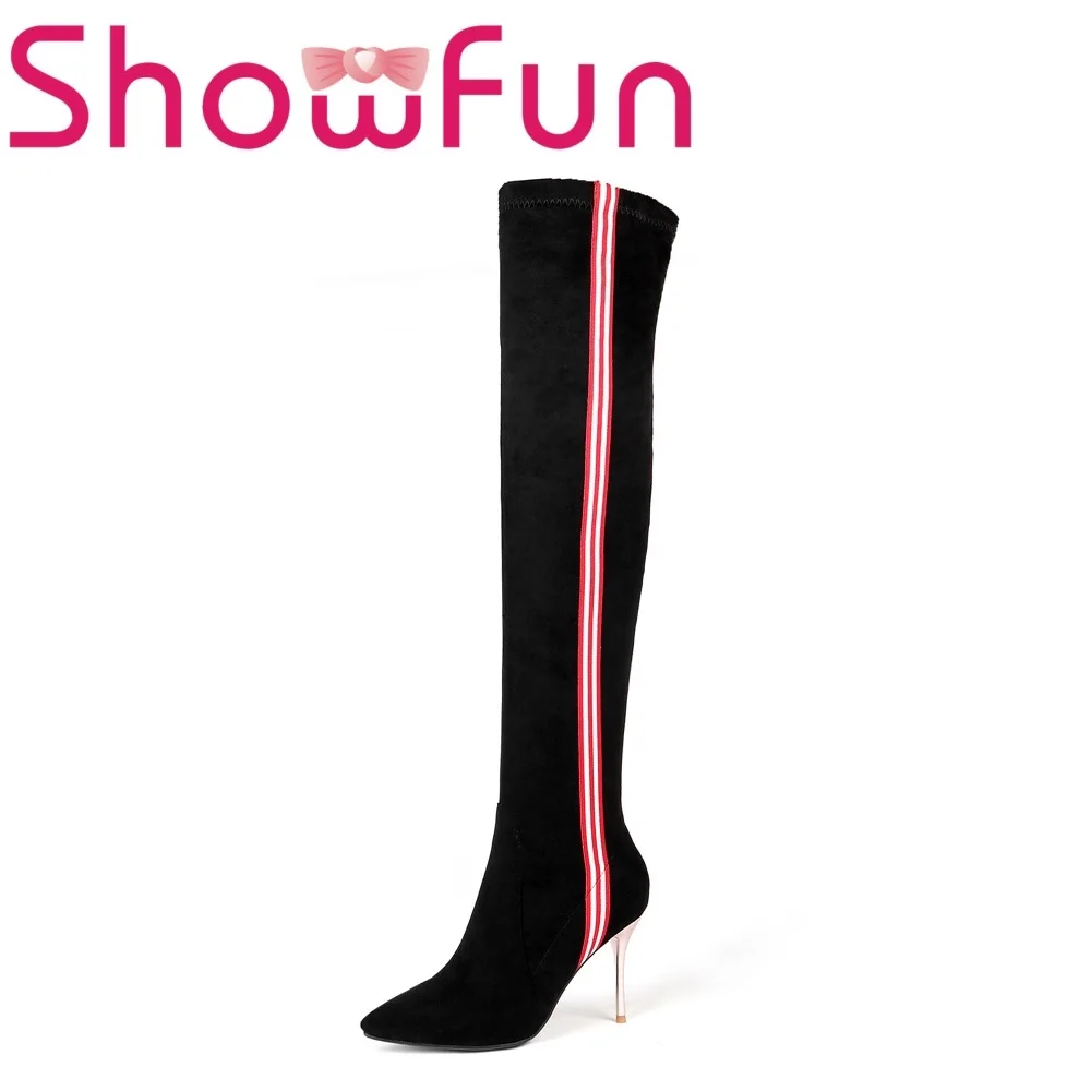 

Showfun genuine leather shoes woman winter solid over-the-knee pointed toe slip-on short plush super high thin heel boots