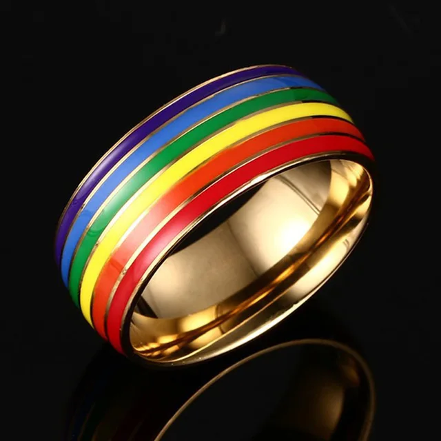 Luxury Rainbow Titanium Ring Gold Plate Stainless Steel Rings For Women Men LGBT Lovers Jewelry Drop Shipping Homosexual Bagues