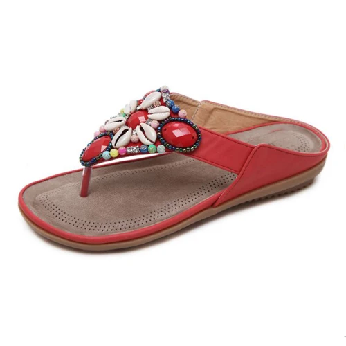 Летняя обувь в богемном стиле Повседневное шнурок для обуви из бисера Вьетнамки Летняя женская обувь уличные сандалии для пляжа Для женщин Тапочки - Цвет: Красный
