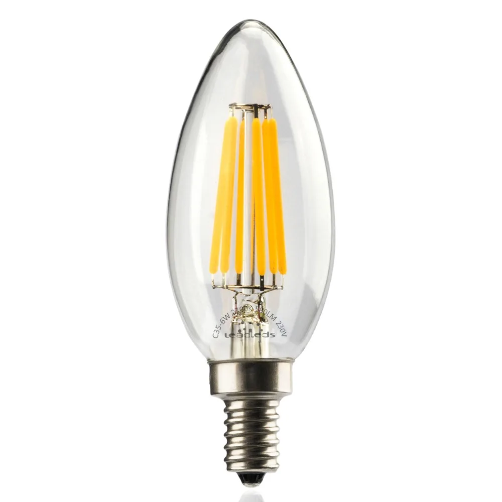 

leadleds LED edison candle bulb E14 6W 2700k warm white 220V filament light equal 40w incandescent energy saving lamp bombillas