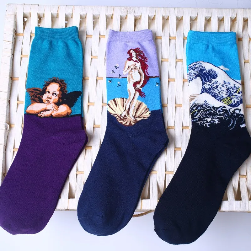 3D носки в стиле ретро для женщин и мужчин, забавные, новинка, звездная ночь, винтажные, без пятки, счастливые носки для женщин, длинные хлопковые носки Ван Гога, Новинка