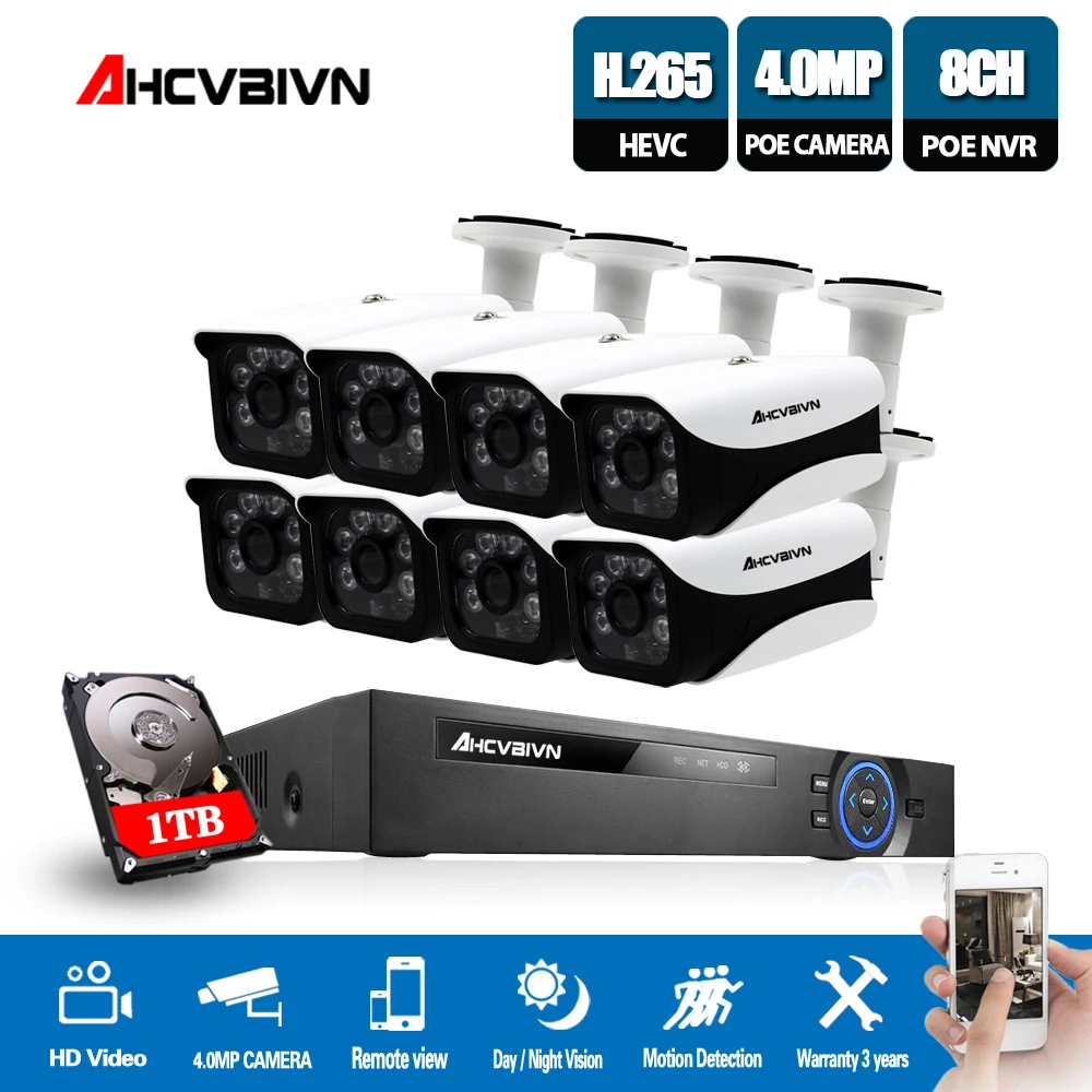

AHCVBIVN H.265 8CH 5MP POE NVR System With 8 pcs 4MP Onvif POE IP security CCTV Camera with HD cctv surveillance camera