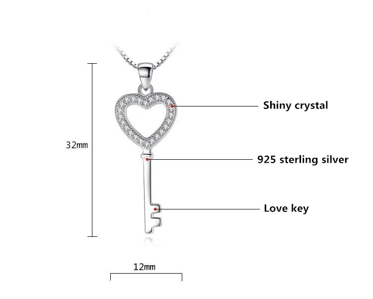 Стерлинговое Серебро 925 пробы Романтическая любовь Сердце ключ Блестящий Кристалл Дамская Подвеска ожерелье Женская коробка короткая цепочка ювелирное изделие подарок