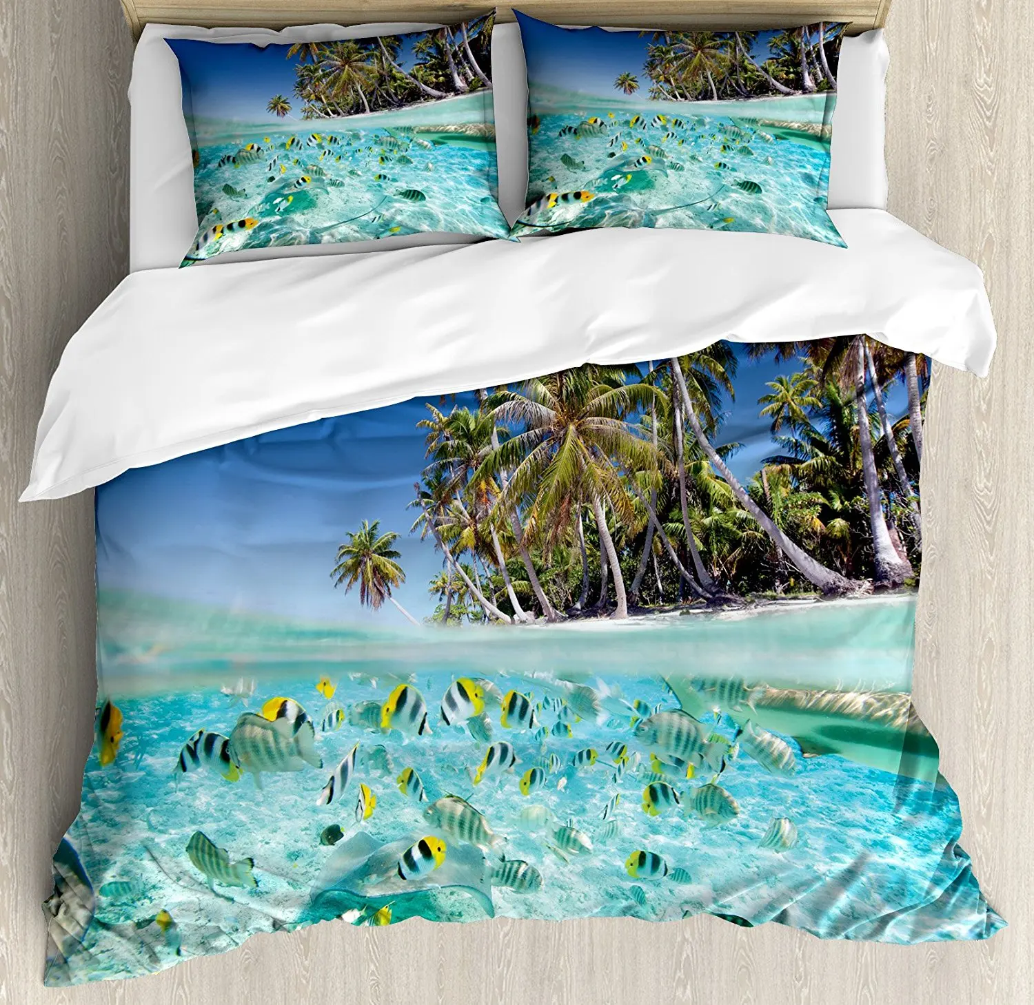 

Tropical Duvet Cover Set Exotic Island Above and Underwater Picture Scenic Polynesian Untouched Shoreline Decor Bedding Set