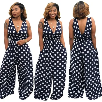 

Summer Women's Fashion Wave Dot Multicolor Jumpsuit Deep V Neckline Sleeveless Waist Loose Leg City Casual Style Plus Size