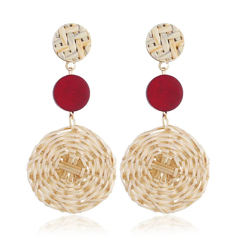 

Vintage Green Red Wood Jewelry For Women Round Circle Rattan Knit Dangle Drop Earrings Ethnic Statement Pendientes Bijoux