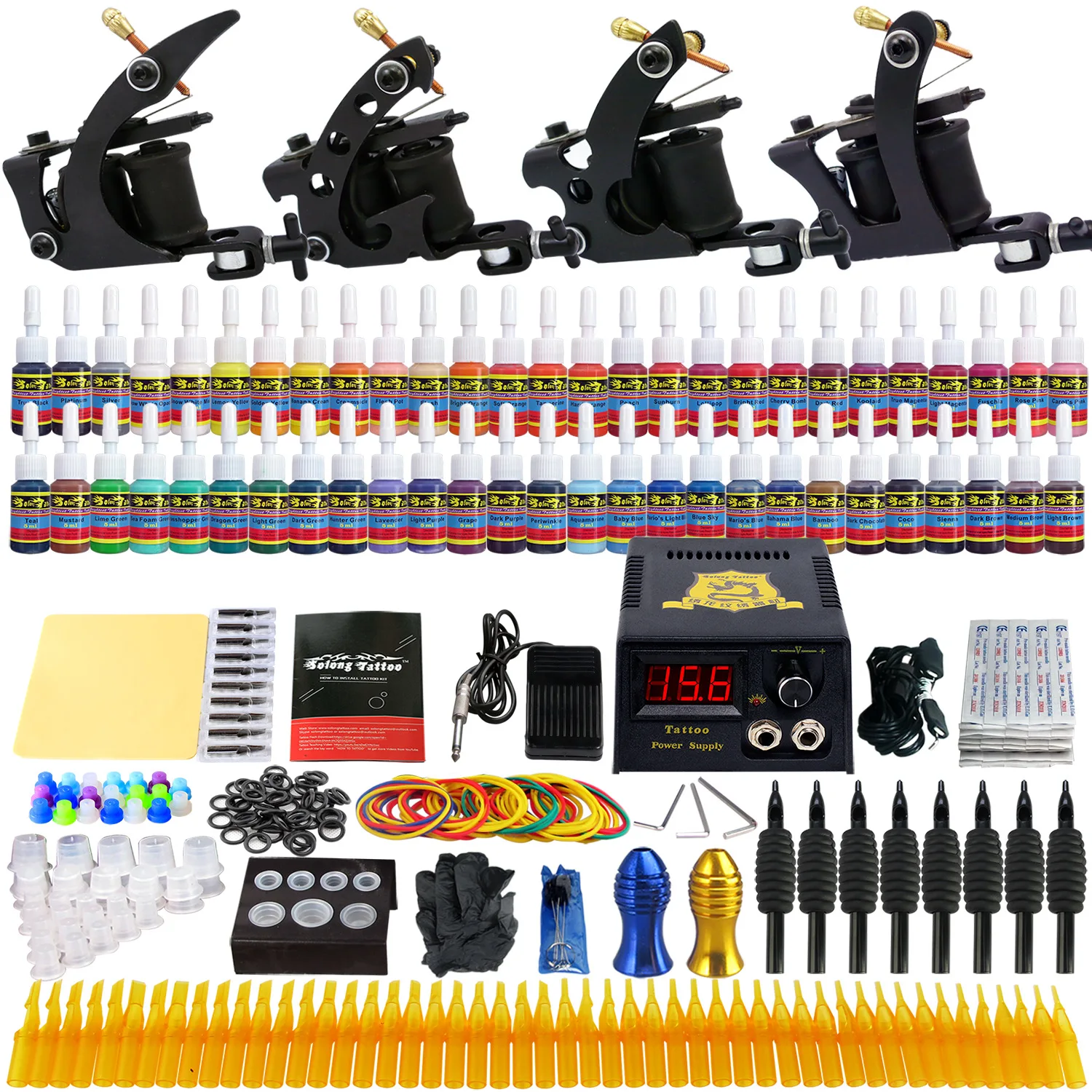 Полный профессиональный набор татуировки 4 машины liner shader цветная машина 54 цвета чернила блок питания, иглы GripSet