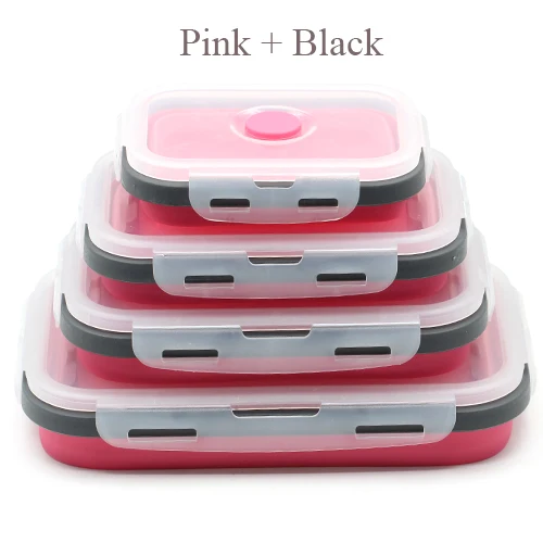 Pink Black 4 шт./компл. силиконовый Ланч-бокс переносная миска красочный складной контейнер для еды Ланчбокс 350/500/800/1200 мл экологически чистые - Цвет: Pink Black