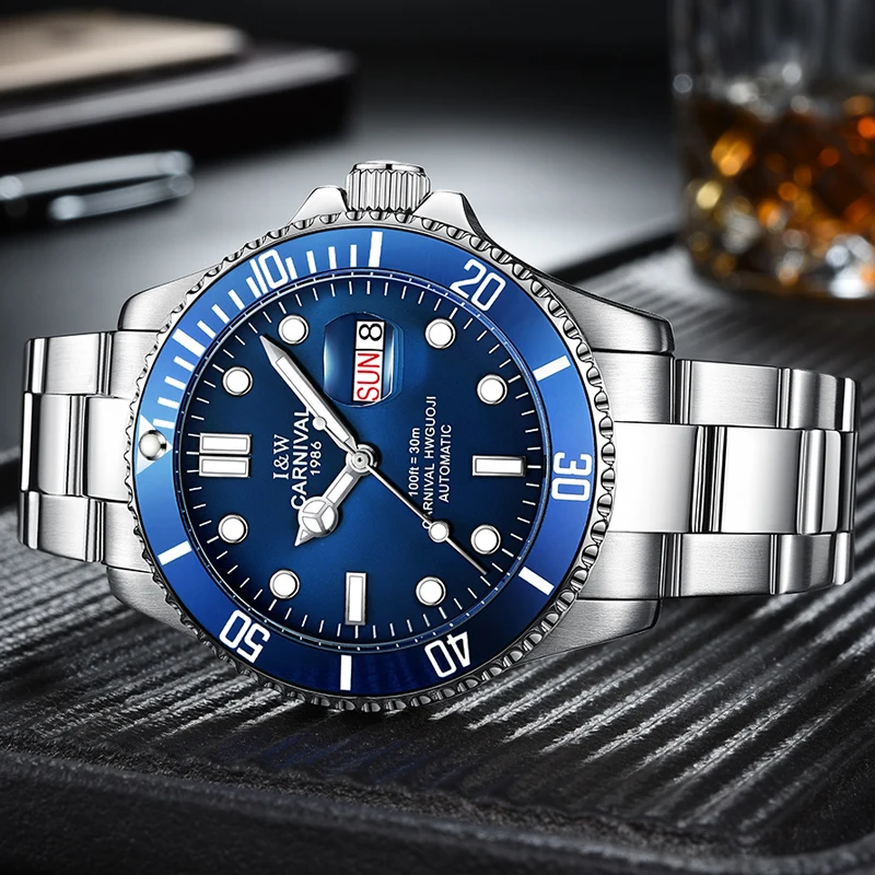 

Carnival Mechanical Watch Men Rotatable Bezel GMT Sapphire Luminous Diving Clock Date Day Full Stainless Steel Blue Dial
