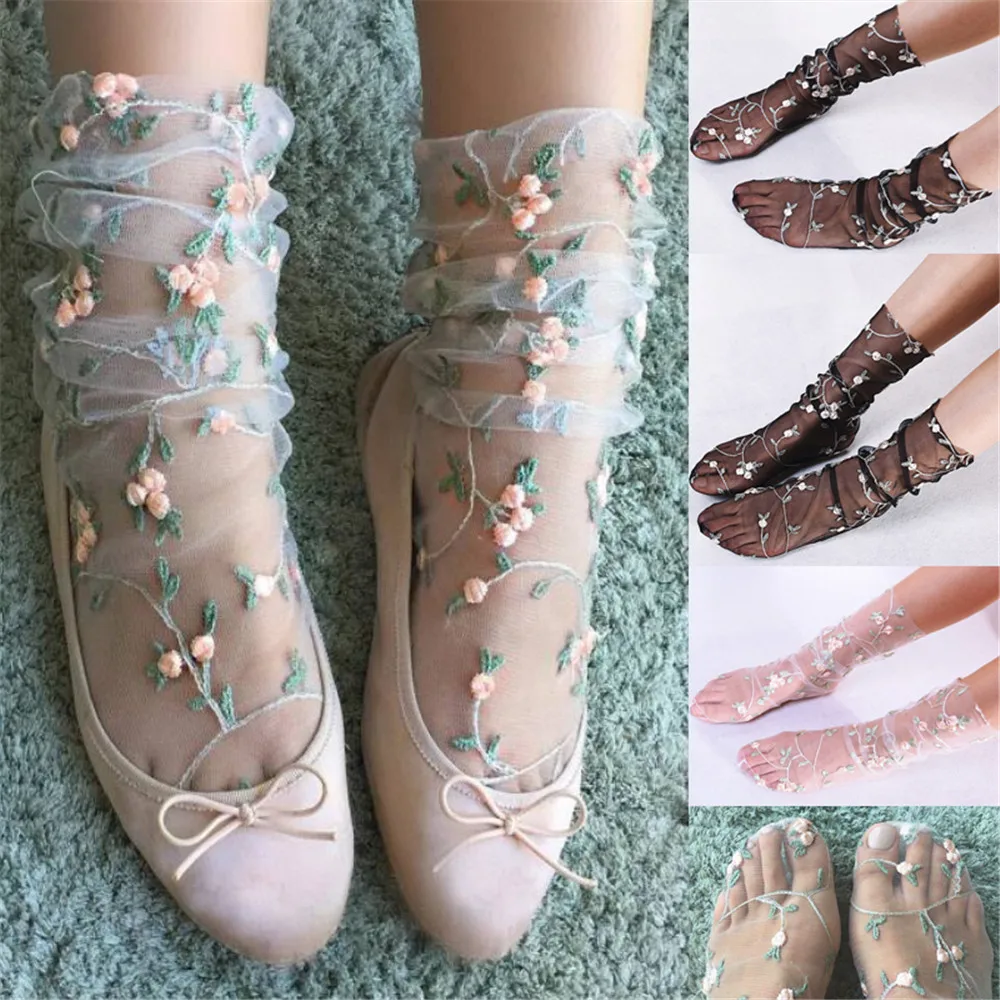 Сексуальные женские шифоновые носки, кружевные женские прозрачные шелковые тонкие носки с цветочной вышивкой, модные женские прозрачные носки