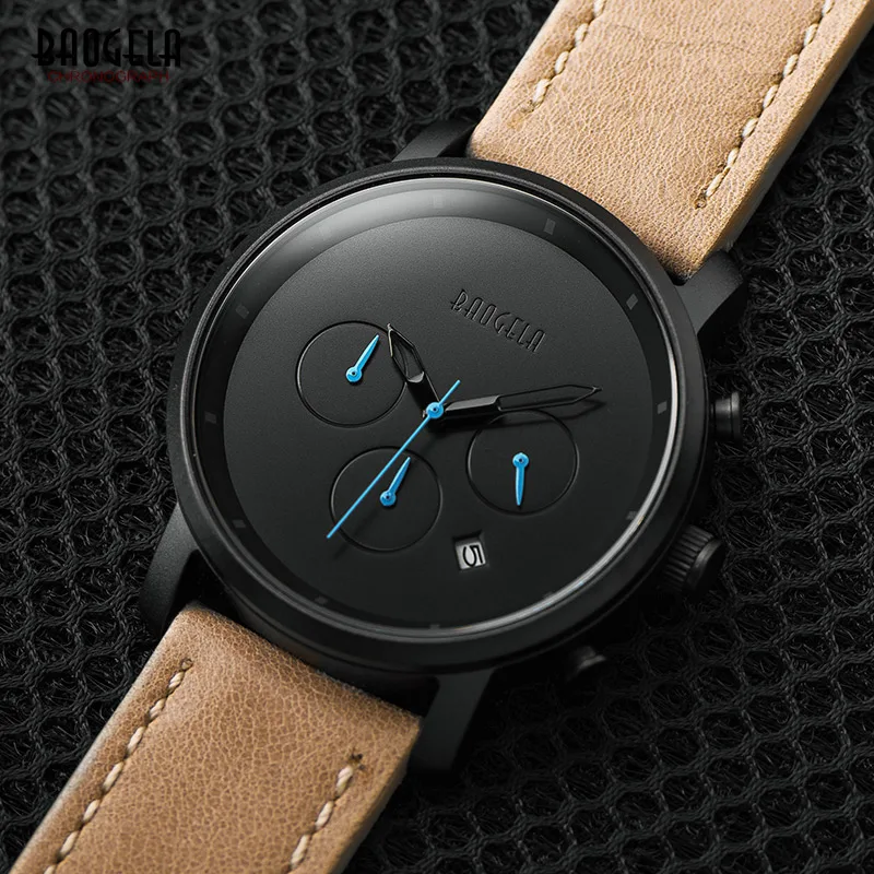 Acheter Baogela Mens Simple Chronographe Analogique Noir Quartz Montre, en cuir Bracelete Montre Bracelet avec Calendrier Date pour Garçon et Homme 1705G