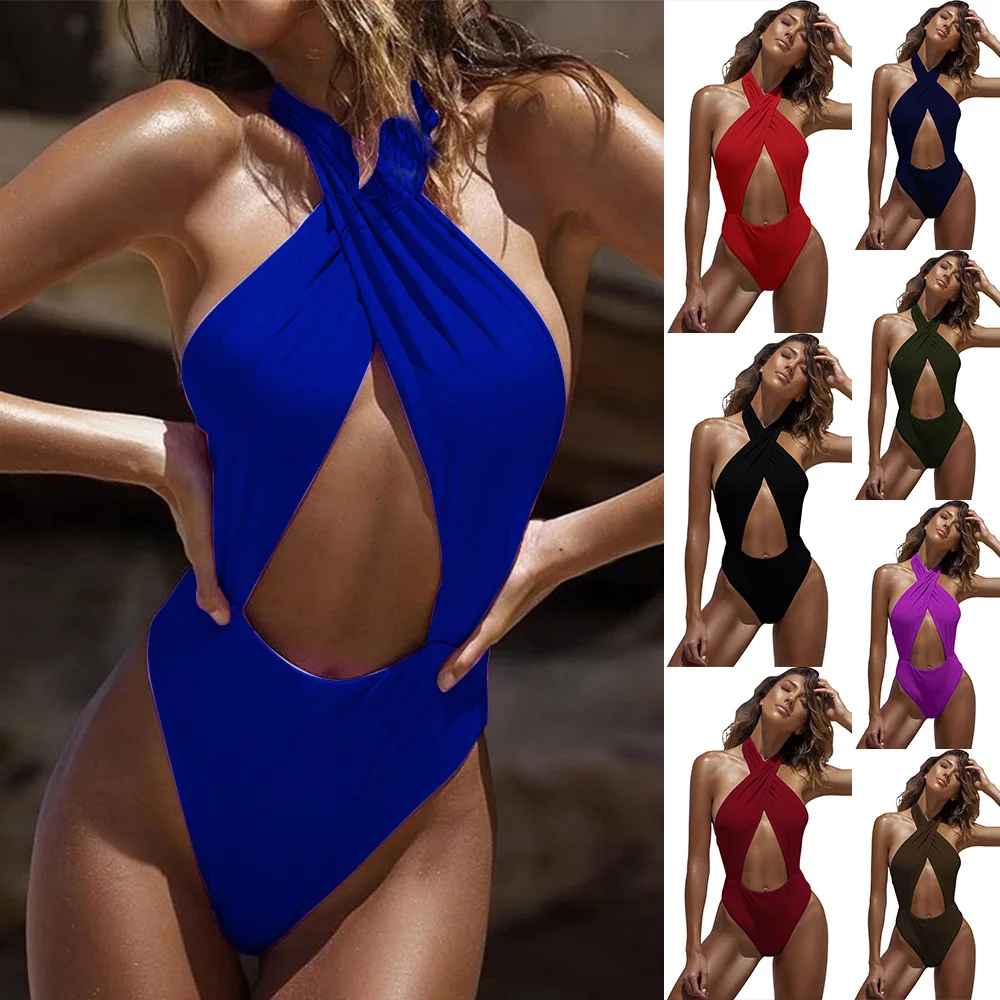 

Swimsuit Woman Women's Swimwear Swimsuits Bikini 2019 8 Color Bind Backless Neck Sexy Polyester Solid