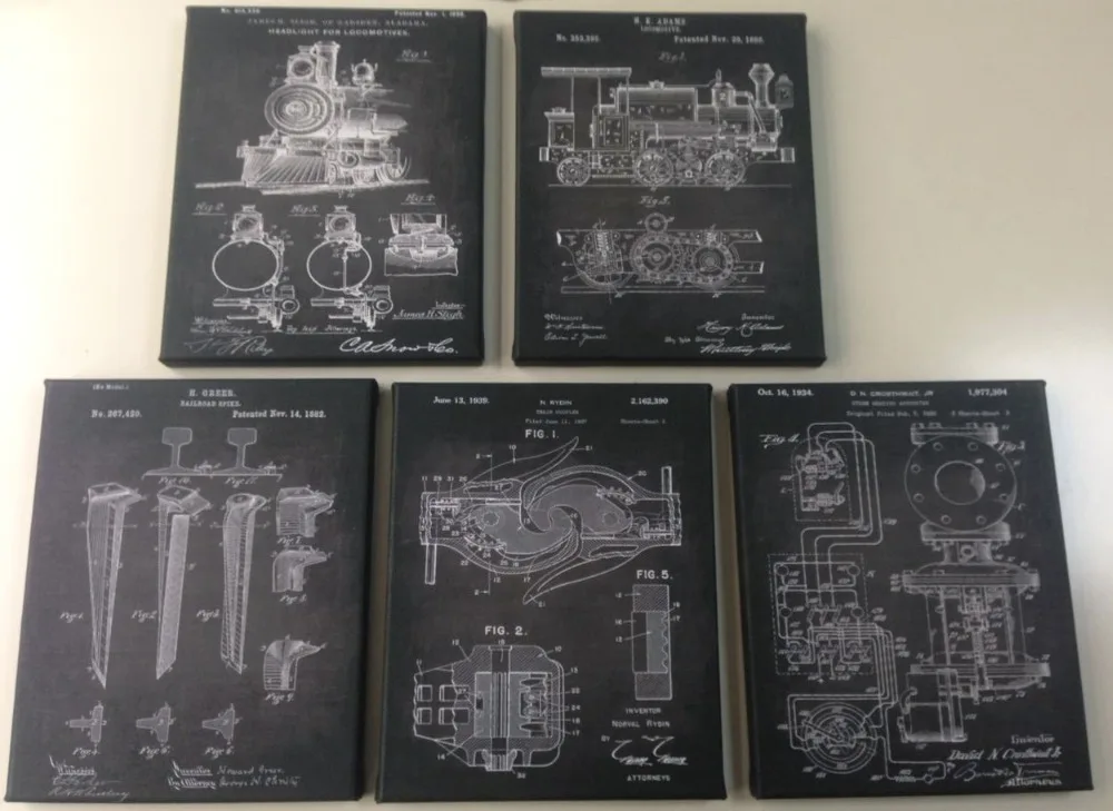 Дерево растягивается холст paniting 8x1" Локомотив поезд муфта паровой двигатель светильник Винтаж патент меловая доска искусство 5 шт. в 1
