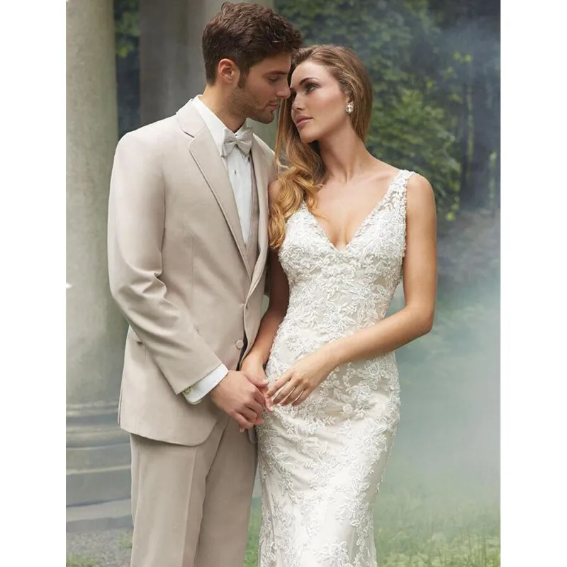 New Men's suits Custom Made Mens Beige three Piece Wedding Suits Groom