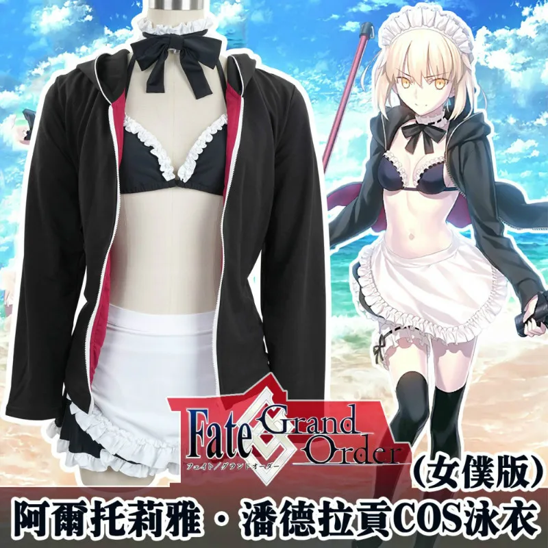 

Anime FGO Arturia Pendragon Cosplay Costume Bikini Swimwear Swimsuit Sukumizu Tankini Fate/Grand Order apron dress maid Hot cos