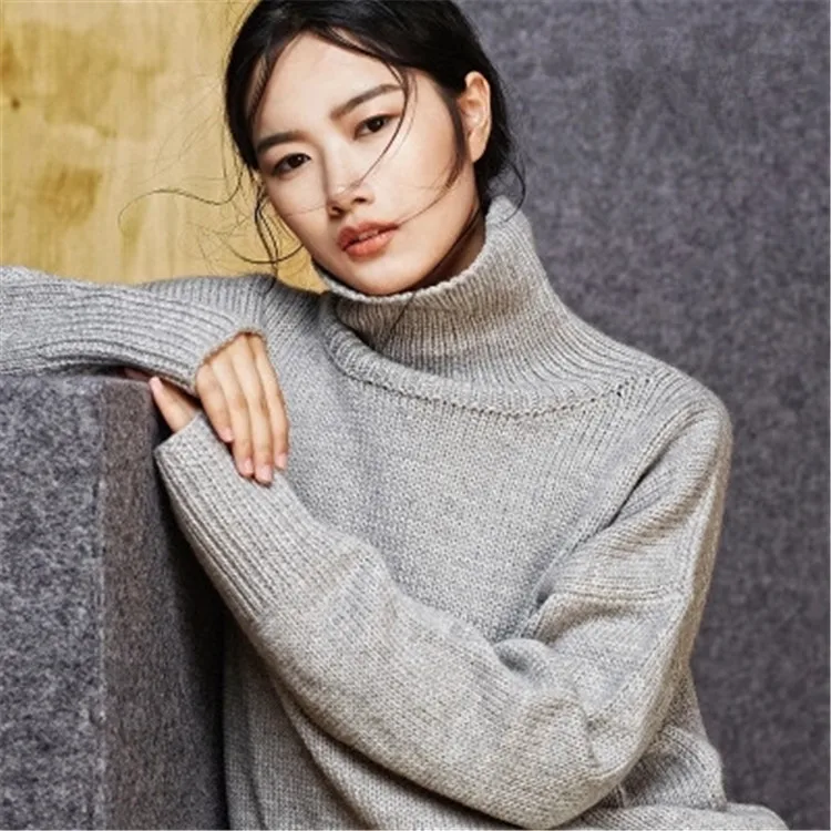  100% hand made pure wool knit women fashion solid turtleneck loose thick pullover sweater white 5co