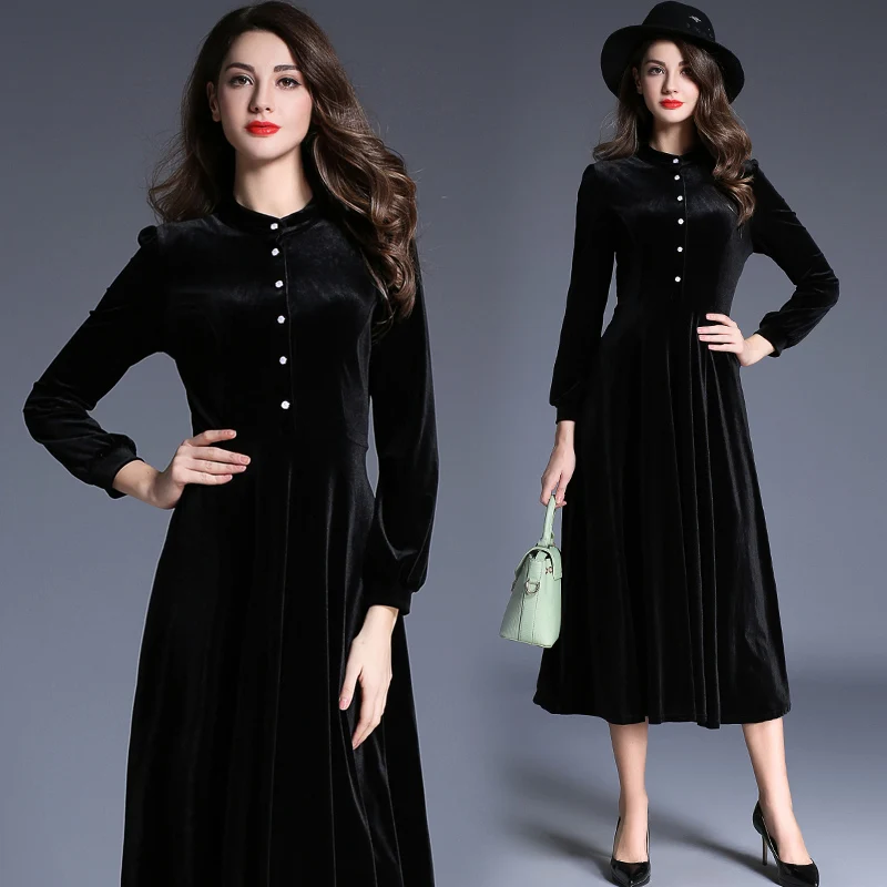 Новинка женское черное бархатное платье зимние женские платья 2017 Vestido Longo длинные